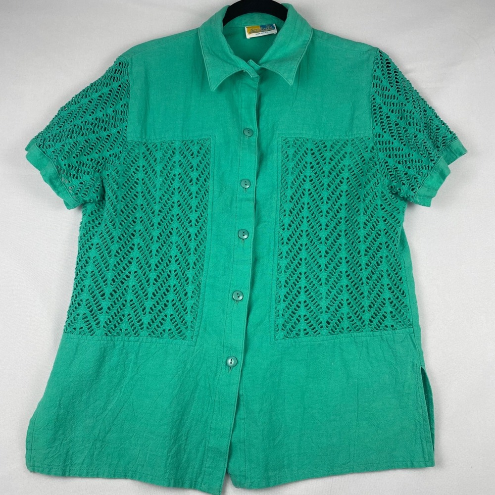 Sea Suns Emerald Green Crochet Panel Short Sleeve Button Down Shirt Made in USA
